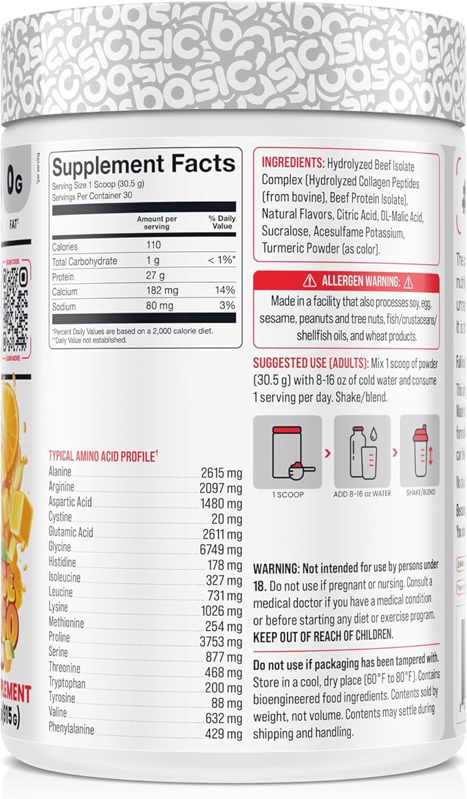 Hydrolyzed Clear Beef Isolate Protein Powder, 27g Protein, 9 Essential Amino Acids, Fat-Free, Dairy-Free, Sugar-Free, Lactose-Free, Supports Muscle Protein Synthesis