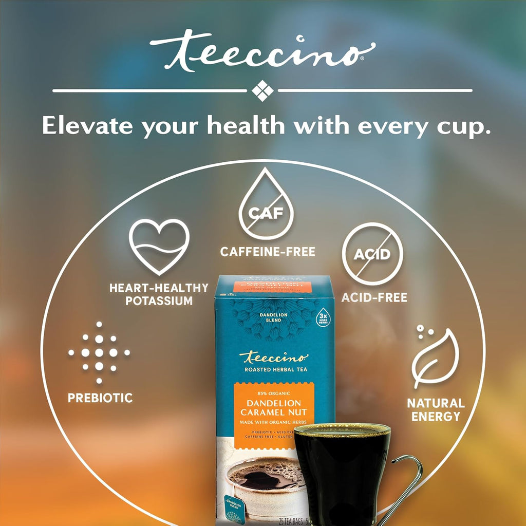 Teeccino Dandelion Caramel Nut Tea, 25 Tea Bags - Caffeine Free, Roasted Herbal Tea with Prebiotics, 3x More Herbs than Regular Tea Bags, Gluten Free, Great Hot or Iced, Herbal Tea