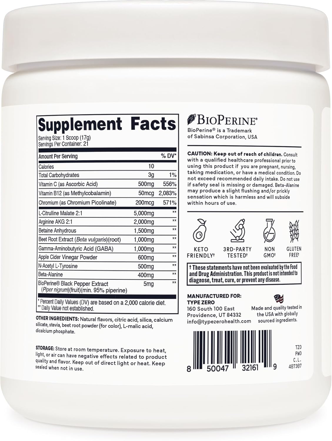 Type Zero Ultra Clean Stim Free Pump Pre Workout + Nitric Oxide Booster (Cherry Limeade) - Non Stimulating and Caffeine-Free for Men & Women