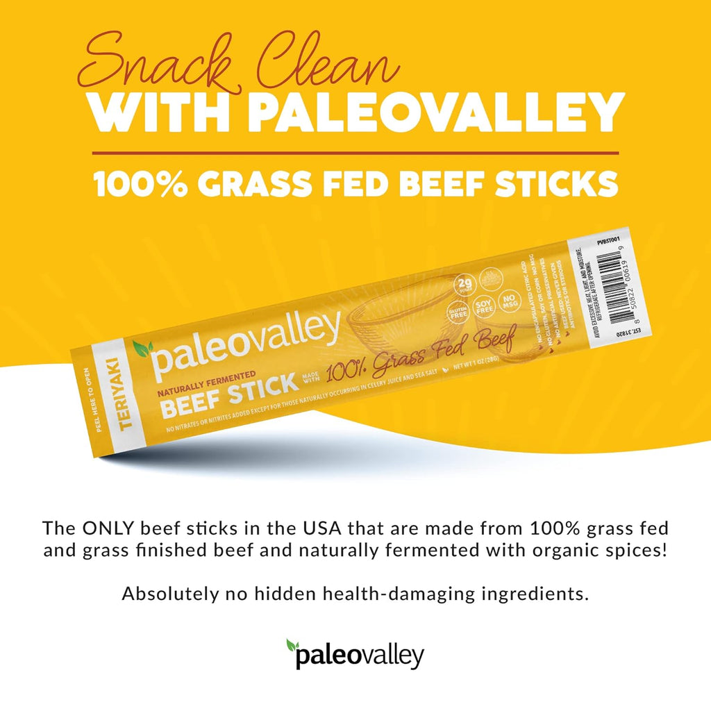 Paleovalley 100% Grass Fed Teriyaki Beef Sticks - Delicious Gluten Free Beef Snack - High Protein Keto Friendly
