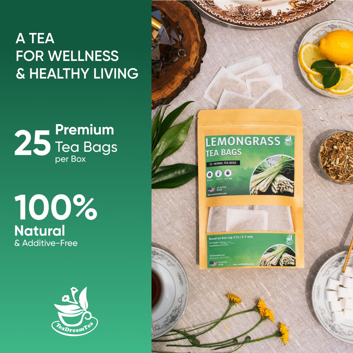 Lemongrass Tea Bags - 25 Bags (Premium Natural Pure Leaf Tea - 25 Count) Gluten-Free and Caffeine-Free Herbal tea for Relaxation, Wallness, Immune Support with Smooth Taste