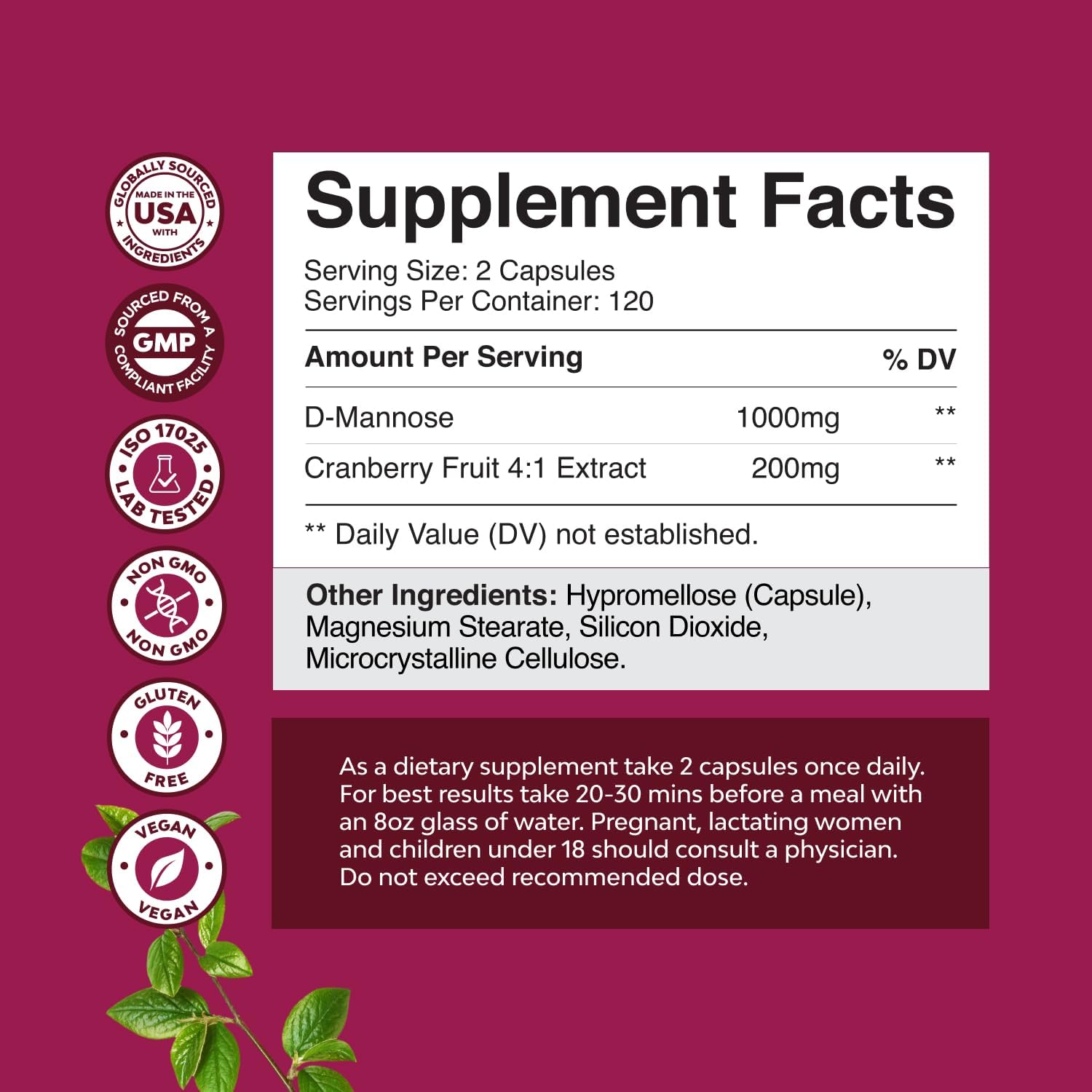 D Mannose with Cranberry Supplement - Potent D Mannose 1000mg Capsules for Kidney Defense Support & Cleanse and Urinary Tract Health for Women & Men - Bladder Health Supplement for Adults - 240 Count