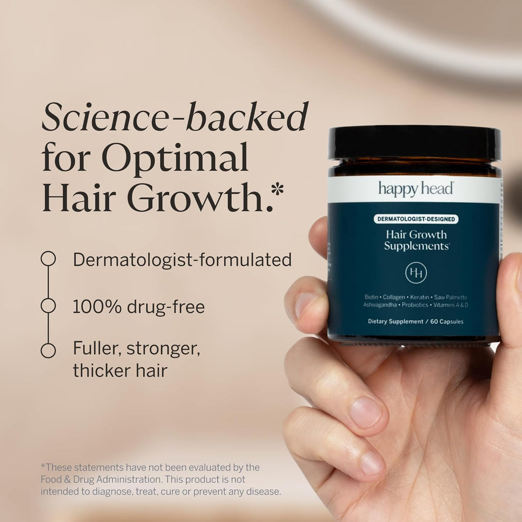 Happy Head Hair Growth Supplement for Men and Women – Thicker, Fuller Hair with Saw Palmetto, Ashwagandha, Biotin, Collagen, Keratin, Probiotics & Vitamins A & D – One Month Supply – 60/ct