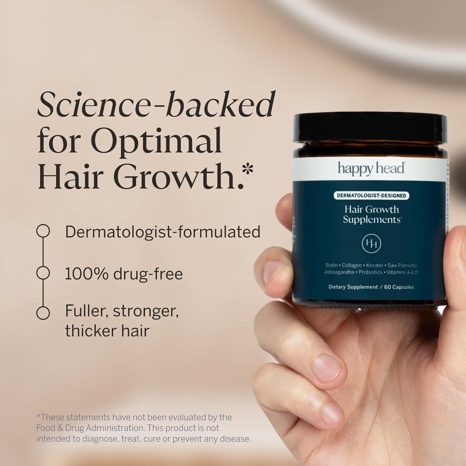 Happy Head Hair Growth Supplement for Men and Women – Thicker, Fuller Hair with Saw Palmetto, Ashwagandha, Biotin, Collagen, Keratin, Probiotics & Vitamins A & D – One Month Supply – 60/ct