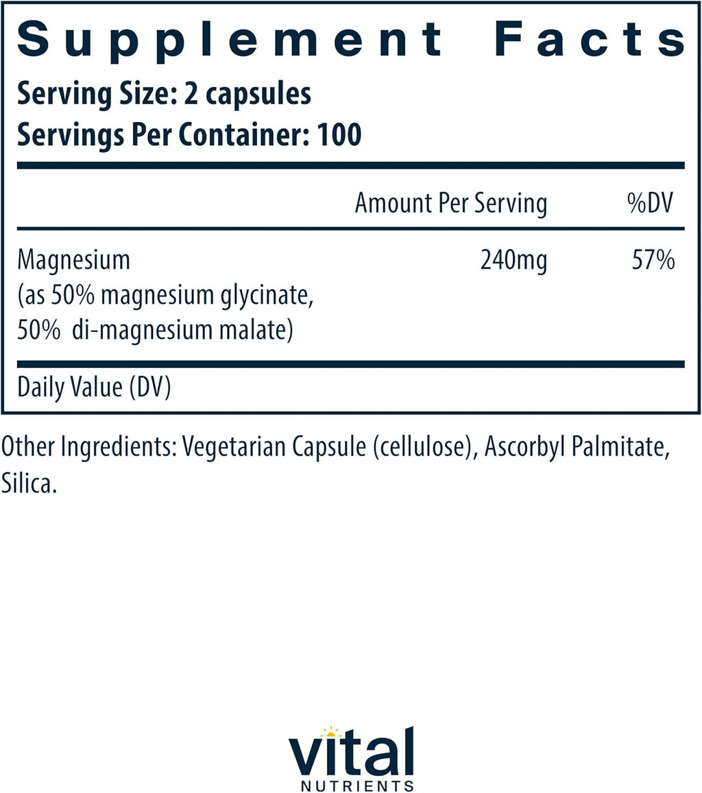Vital Nutrients Magnesium Glycinate + Malate | 120mg Vegan Magnesium Supplement for Women and Men | Muscle, Heart, Bone Support* | Promotes Relaxation | Gluten, Dairy and Soy Free | 200 Capsules