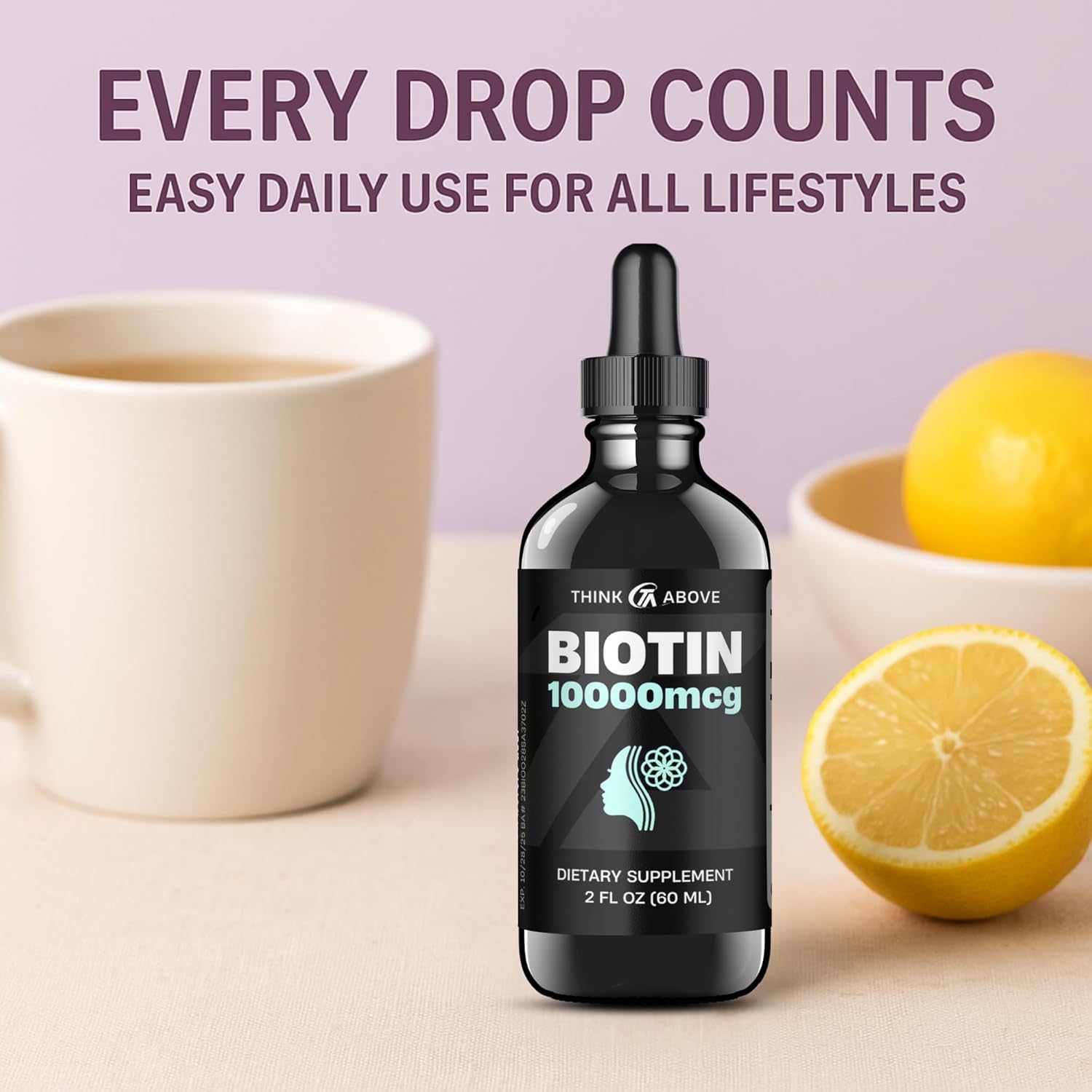 Liquid Biotin 10,000 mcg with Vitamin C – High Potency Hair, Skin & Nail Support – Fast Absorption Biotin Drops – 60 Day Supply – 2 oz