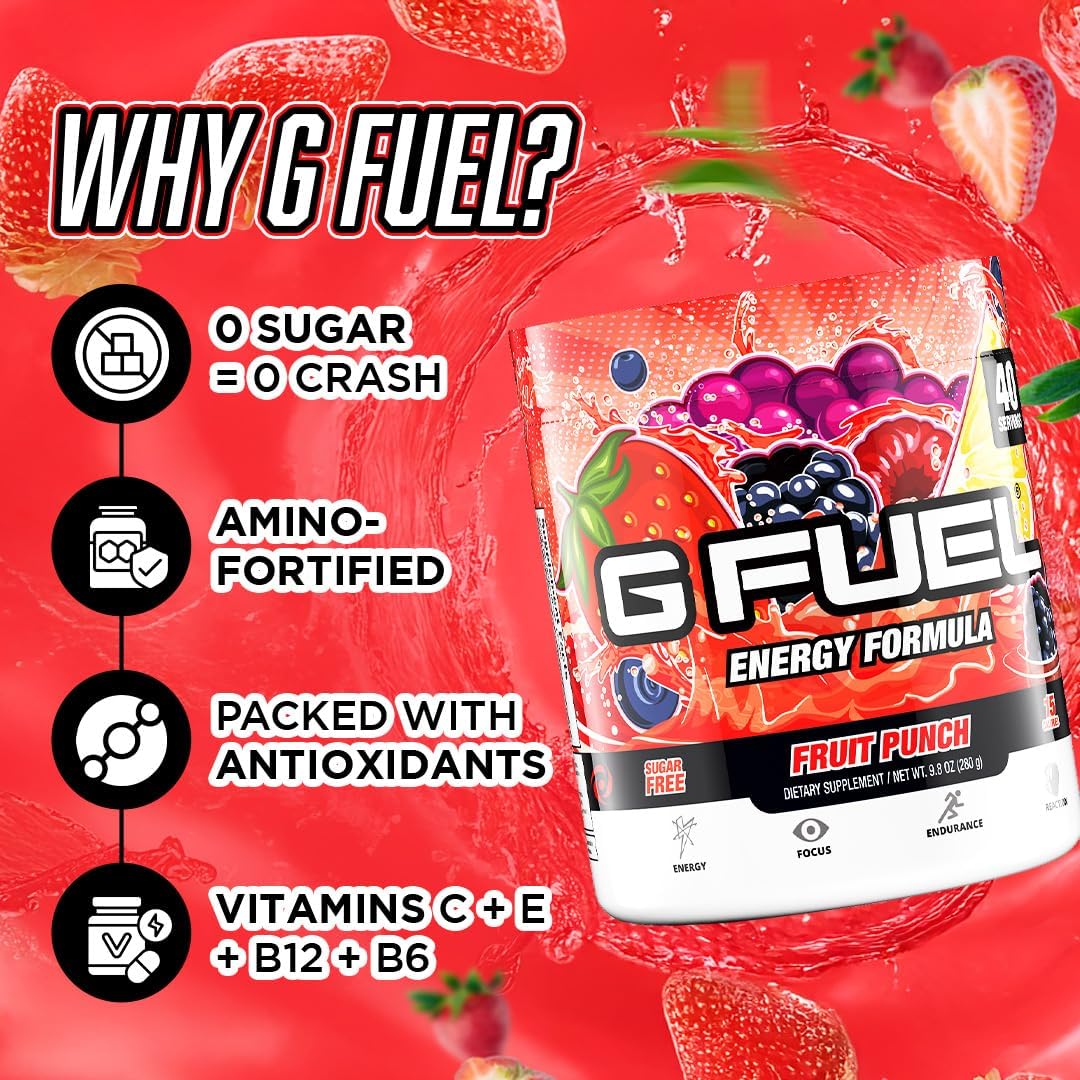 G Fuel Fruit Punch Energy Drink Powder, Pre Workout Caffeine Mix for Gaming, Sugar Free Focus Amino, Vitamin + Antioxidants, 9.9oz (Fruit Punch, 40 Servings)