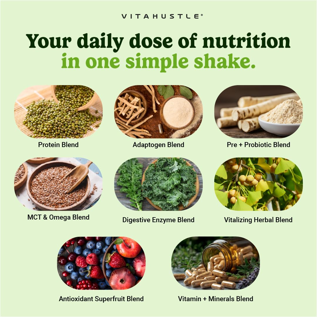 VitaHustle ONE Protein Coffee - Superfood Meal Replacement Powder, Plant Based Protein Shake Powder, Vegan. Superfoods, Vitamins, Ashwagandha, Functional Mushroom Blend (Cafe Latte) 15 Servings