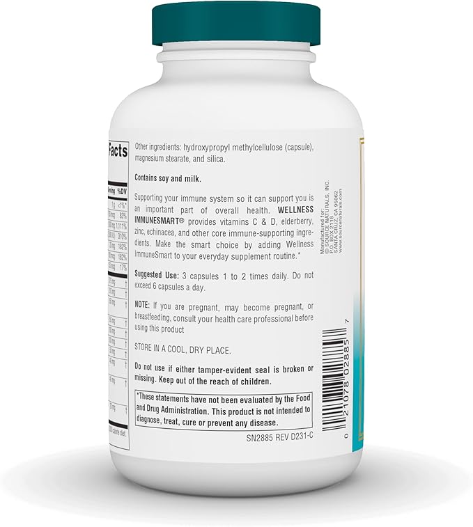 Source Naturals Wellness ImmuneSmart - for Core Daily Immune Support*, with Vitamins A, C, and D, Zinc, Elderberry, Echinacea, Andrographis, Turkey Tail and Garlic - 180 Capsules