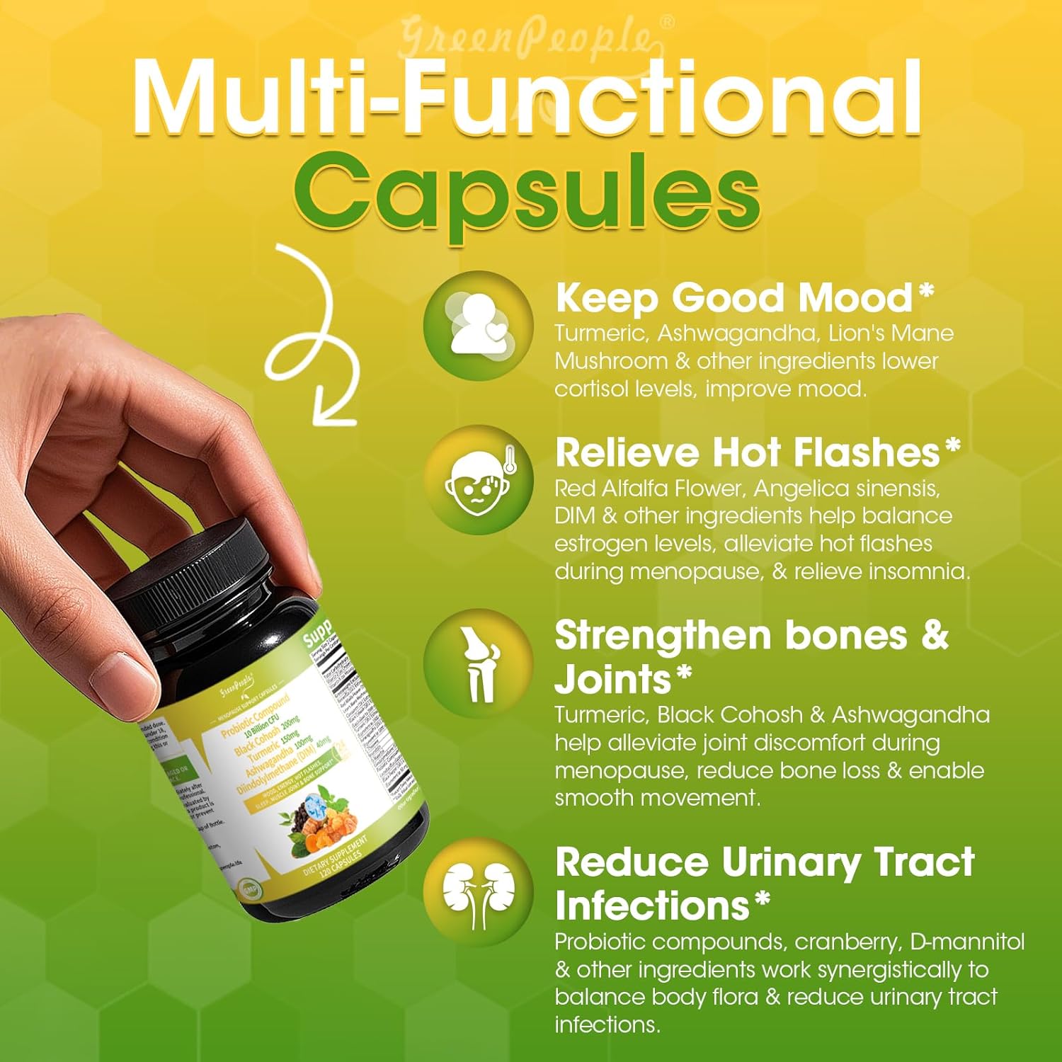 Menopause Supplements for Women - Black Cohosh & Ashwagandha for Hot Flashes, Night Sweats, Mood Swings, Hormonal Balance Support,10 Billion CFU Probiotic - 120 Capsules Vegan Gluten-Free