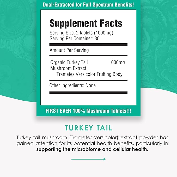 Turkey Tail Mushroom Extract Tablets - 30g Monthly Supply - Dual-Extraction Fruiting Body - 35%+ Beta-glucans + Active Compounds - Hardwood Log Grown - No Fillers or Additives