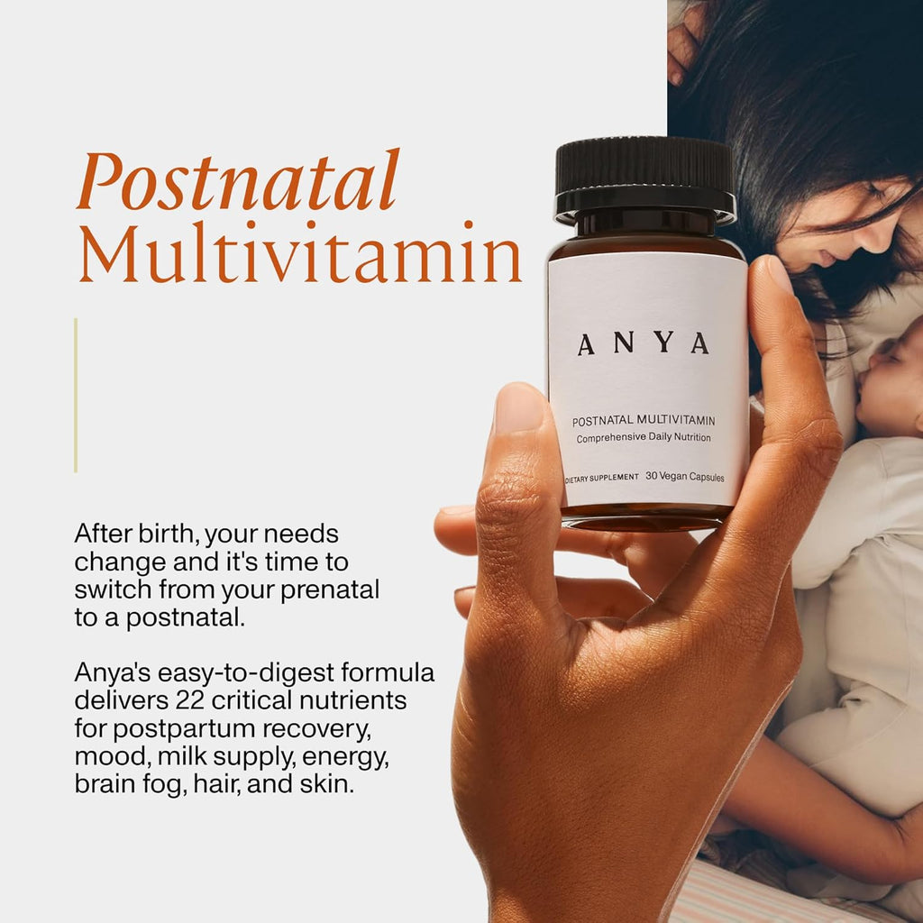ANYA Postpartum Multivitamin, Postnatal Vitamin for Women Breastfeeding, 30 Capsules - Vitamins A, C, D3, Zinc, B12, Biotin, Folate and Iron - 100% Vegan, Non-GMO, Gluten Free, Baby Shower Gifts