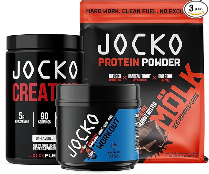Jocko Fuel 3 Pack Bundle - Creatine, Chocolate Peanut Butter MOLK Protein, & Nitro Pop Pre Workout