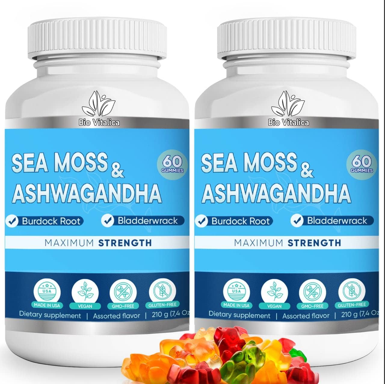 BIO VITALICA Sea Moss Ashwagandha Gummies - Organic Irish Seamoss & Ashwa Root Powder Supplements for Supporting Energy & Immunity for Men and Women - 2 Packs