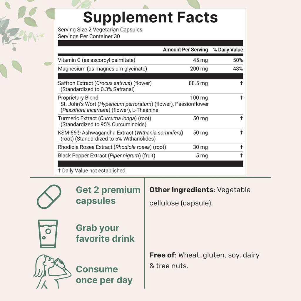 Micro Ingredients Saffron+ Advanced, 60 Veggie Capsules | 10-in-1 Formula with High Absorption Fat-Soluble Vitamin C, Magnesium, Turmeric & Ashwagandha | Mood & Energy Support | Filler Free