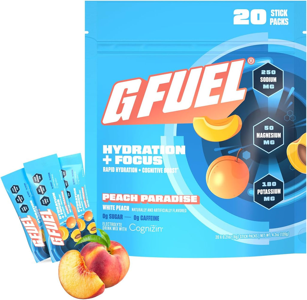 G Fuel Electrolytes Powder for Instant Hydration and Focus | Sugar Free, Peach Flavor, Electrolyte and Nootropic Drink Mix to Sharpen Mental Focus, 20 Servings
