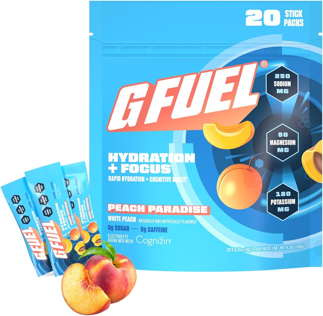 G Fuel Electrolytes Powder for Instant Hydration and Focus | Sugar Free, Peach Flavor, Electrolyte and Nootropic Drink Mix to Sharpen Mental Focus, 20 Servings