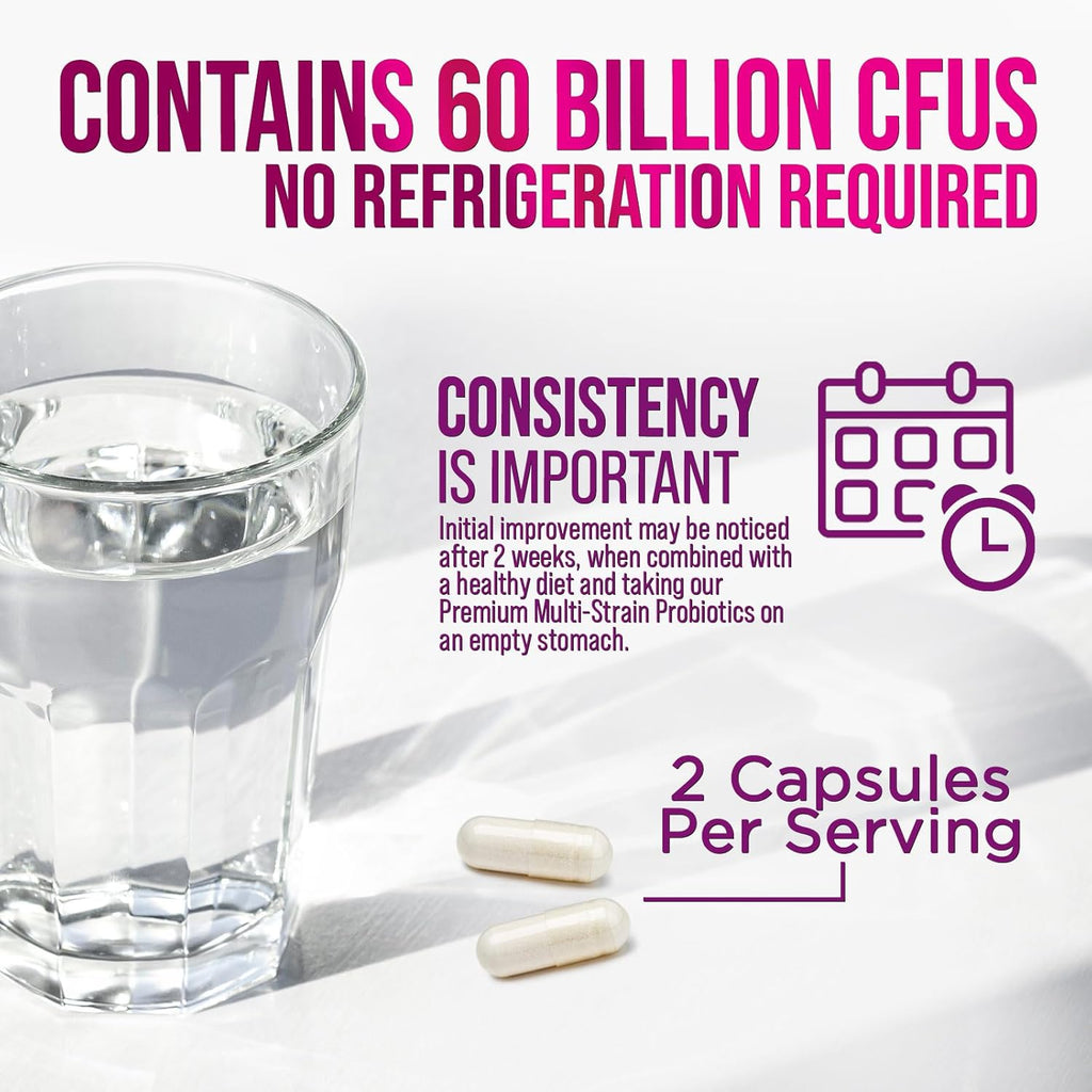 Probiotics 60 Billion CFU per Serving - 10 Strains + Prebiotics - Digestive Health, Gut & Immune Support - Supports Occasional Constipation, Gas & Bloating for Women & Men Shelf Stable - 60 Capsules