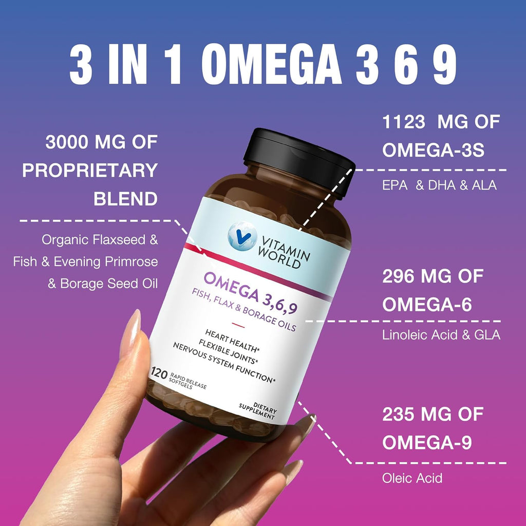 Vitamin World Triple Omega 3-6-9 3000mg with Fish, Flax, Borage & Evening Primrose Oils, Omega-3 Fatty Acids with EPA & DHA, Supports Heart, Brain & Immune Health, Gluten Free, 120 Softgels