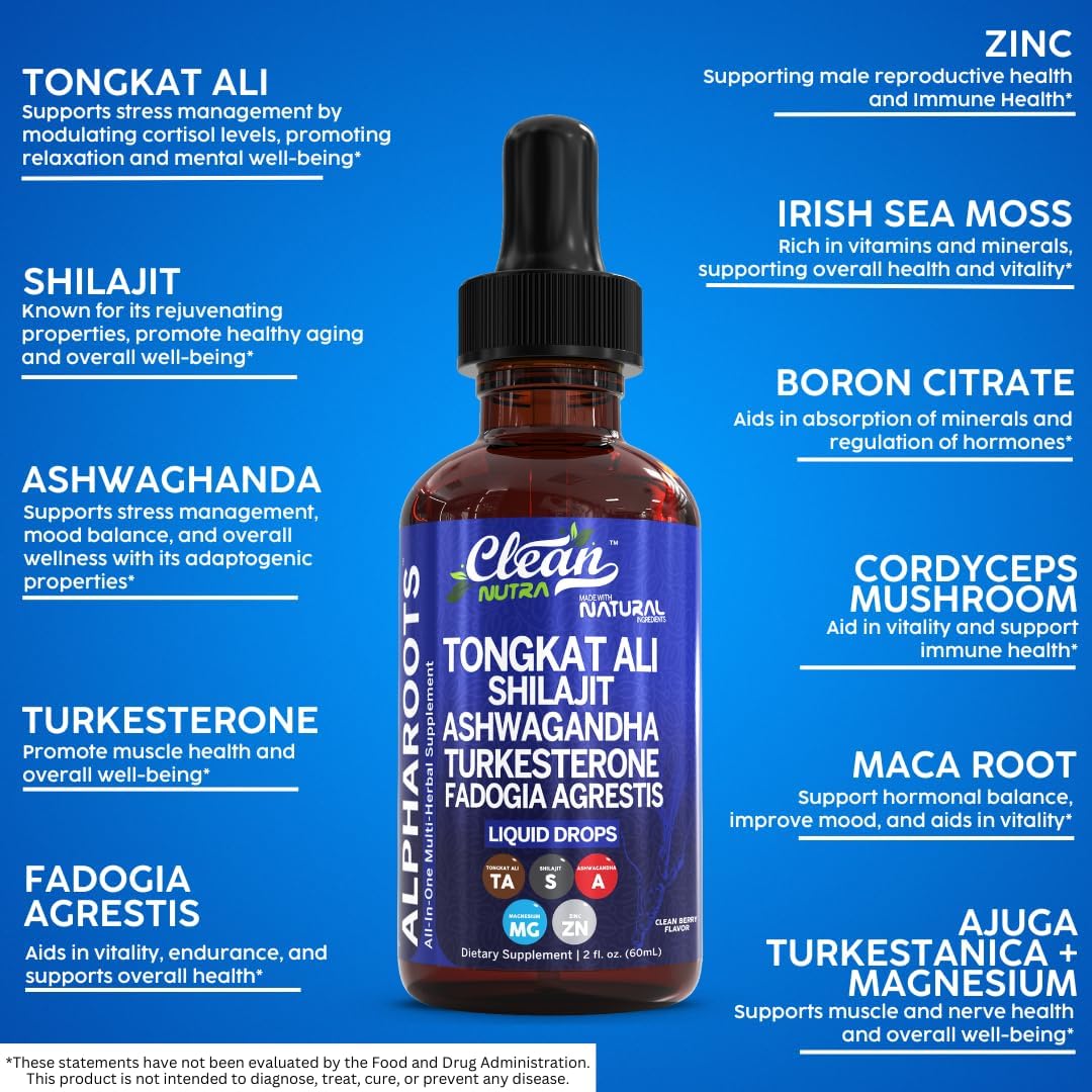 Tongkat Ali Liquid Drops Shilajit, Ashwagandha, Turkesterone, Fadogia Agrestis, Magnesium, Irish Sea Moss, and Zinc Herbal Supplement by Clean Nutra