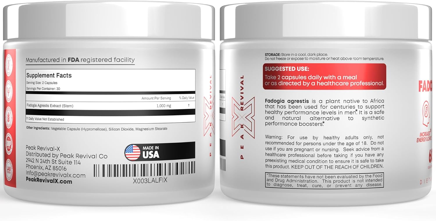 Fadogia Agrestis 1000mg Per Serving Supplement - Potent Extract to Increase Energy, Athletic Performance & Muscle Mass - Supplements, Made in The USA (60 Capsules)
