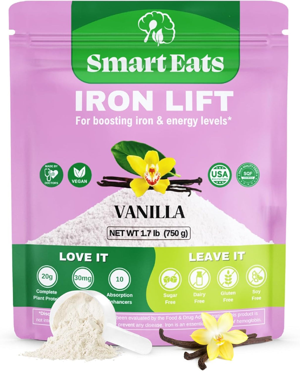 Smart Eats - Iron Powder | Highly Absorbed | Avoids Side Effects | Complete Nutrition: Protein, Vitamins, Fiber, Antioxidants | Makes Tasty Drinks & Shakes | Vegan | Vanilla Flavor | 30 Scoops