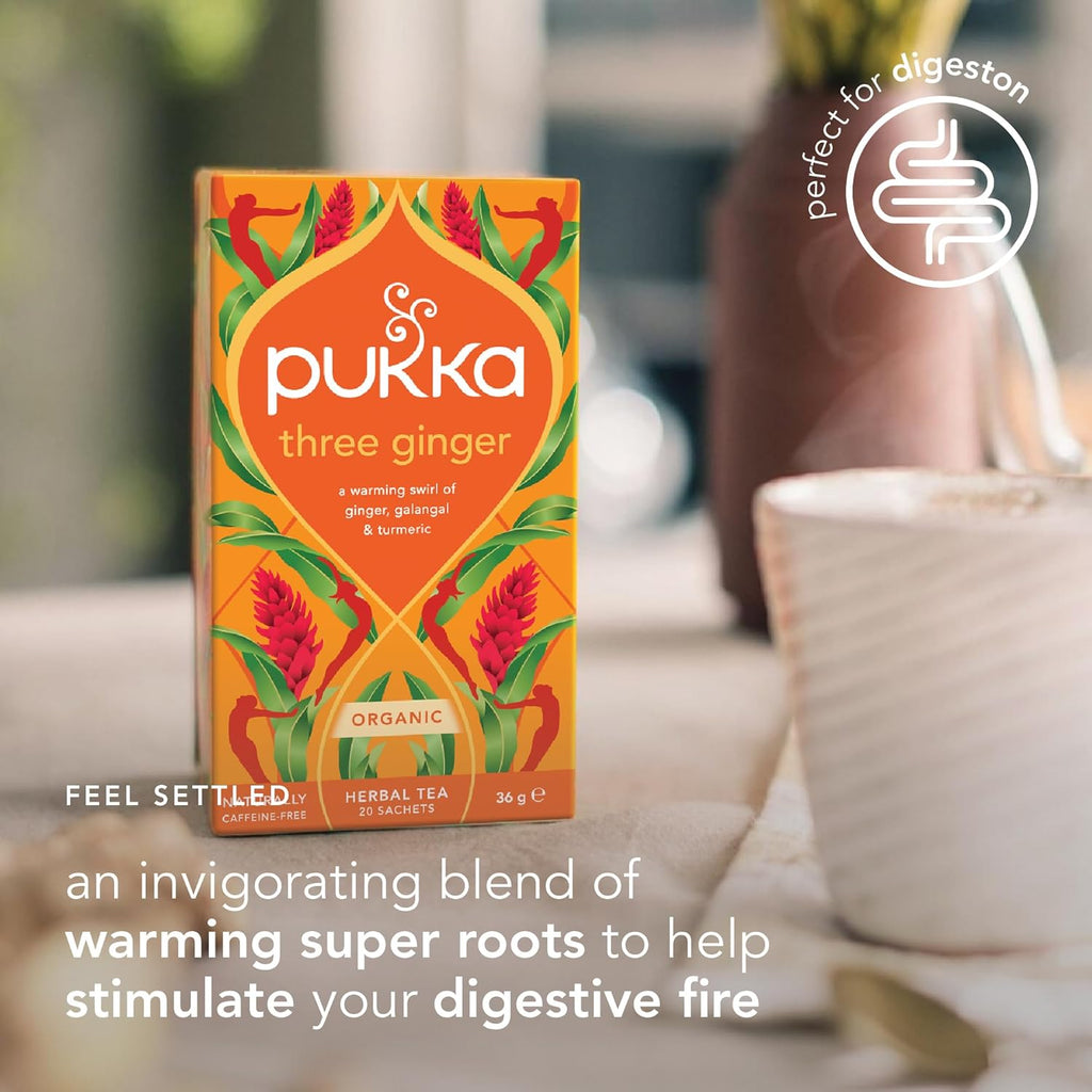Pukka Three Ginger Organic Herbal Tea, Digestion-Aiding Infusion With Ginger, Turmeric, and Galangal, Tea Gift Set Ideal After Meals, Caffeine Free, 20 Total Bags