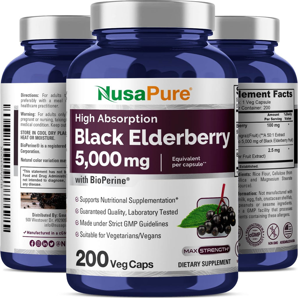 NusaPure Black Elderberry 50:1 Extract, 100 mg Equivalent to 5,000mg per Veggie Capsules, 200 Count (Non-GMO, Bioperine) Sambucus Supplement