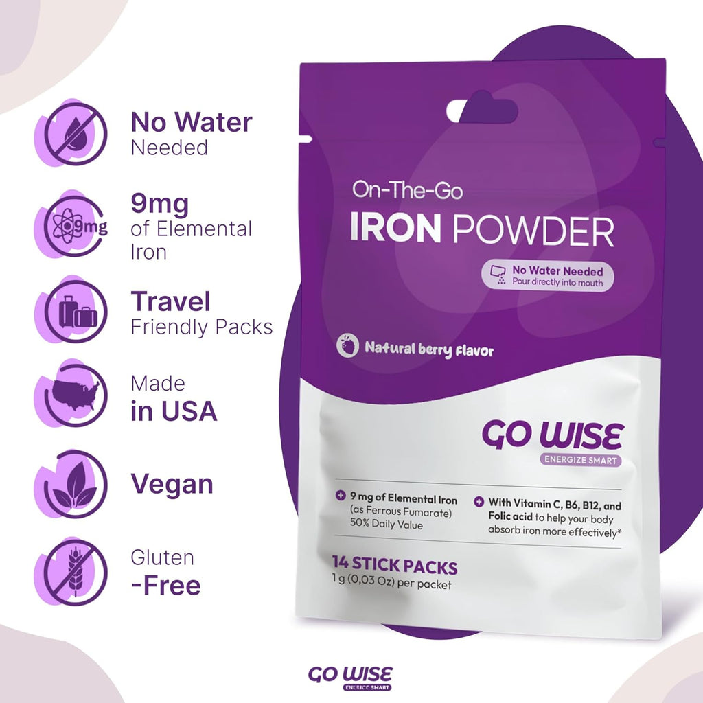 Go Wise Iron Powder - 14 Stick Packs with Vitamin C, B6, B12 and Folic Acid for Direct Consumption, No Water Needed - Gentle Iron Supplement for Women and Adults