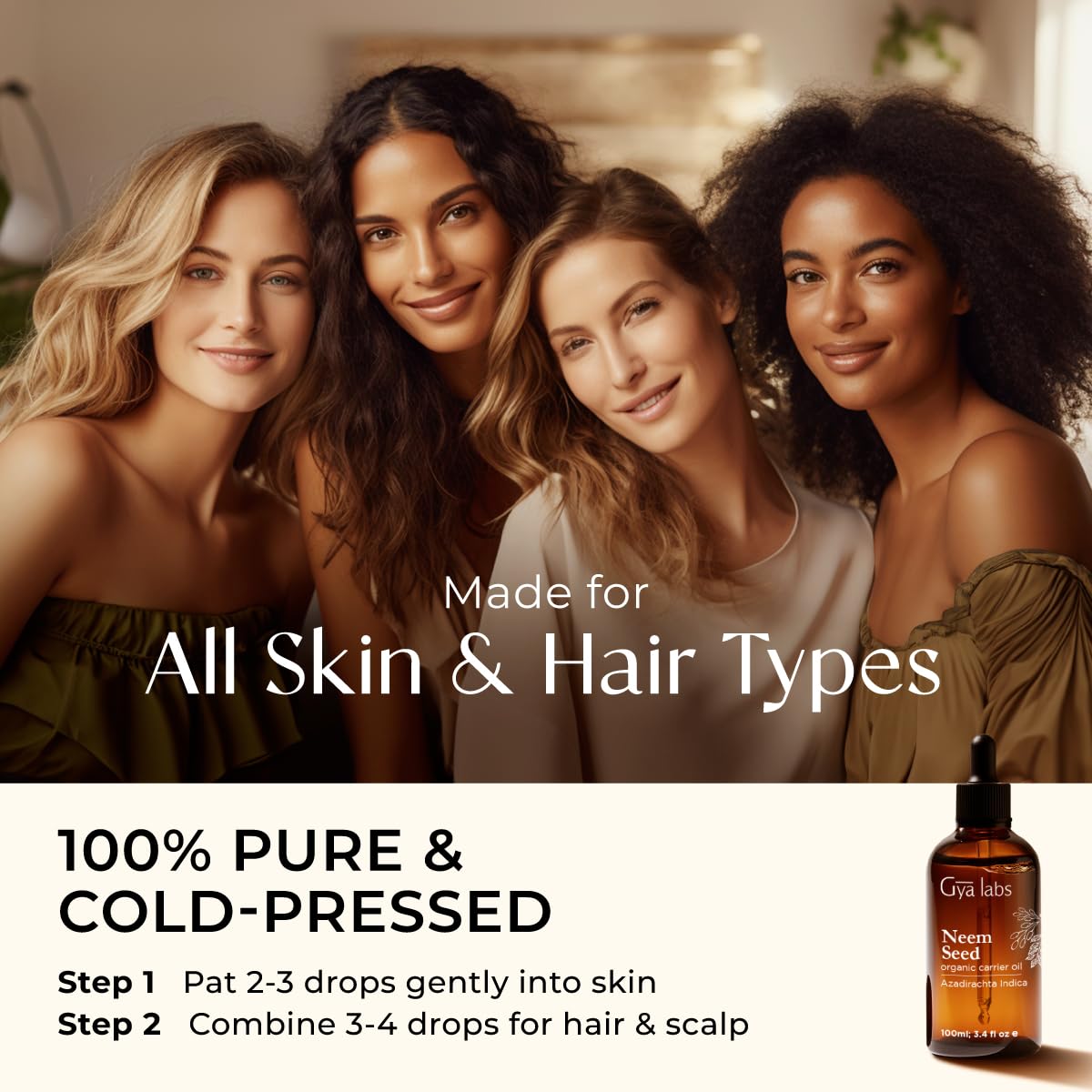 Gya Labs Organic Neem Oil for Skin - 100% Pure Natural Unrefined Neem Carrier Oil for Hair, Nails, Body Lotions, Spray & Shampoo - Soothing & Nourishing (3.4 Fl Oz)
