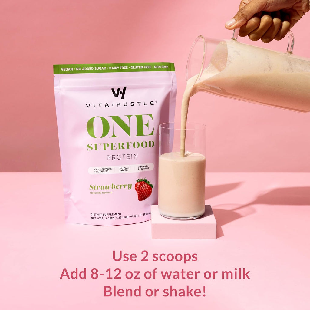 VitaHustle ONE Meal Replacement Shake - Plant Based Protein Powder by Kevin Hart - Vegan, Meal Replacement Powder with Superfoods, Vitamins, Adaptogens & Probiotics -Strawberry Flavor, 15 Servings