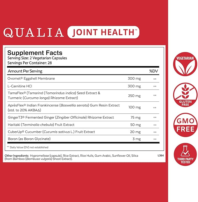 Qualia Joint Health 9 Advanced Joint Health nutrients: denatured Collagen, boswellia, tumeric, Boron, Ginger, L-carnitine. Cartilage Health, Tendon Strength, Healthy Joint Aging (1 Month Supply)