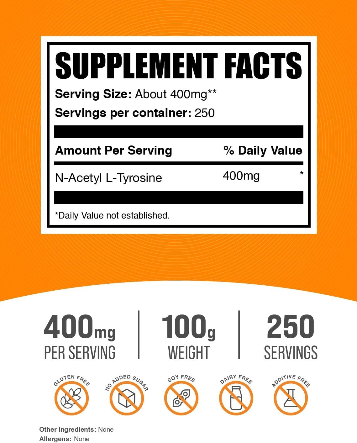 BulkSupplements.com N-Acetyl L-Tyrosine Powder -Tyrosine Supplement, NALT Powder, Amino Acid Supplement - Unflavored & Gluten Free, 400mg per Serving, 100g (3.5 oz) (Pack of 1)