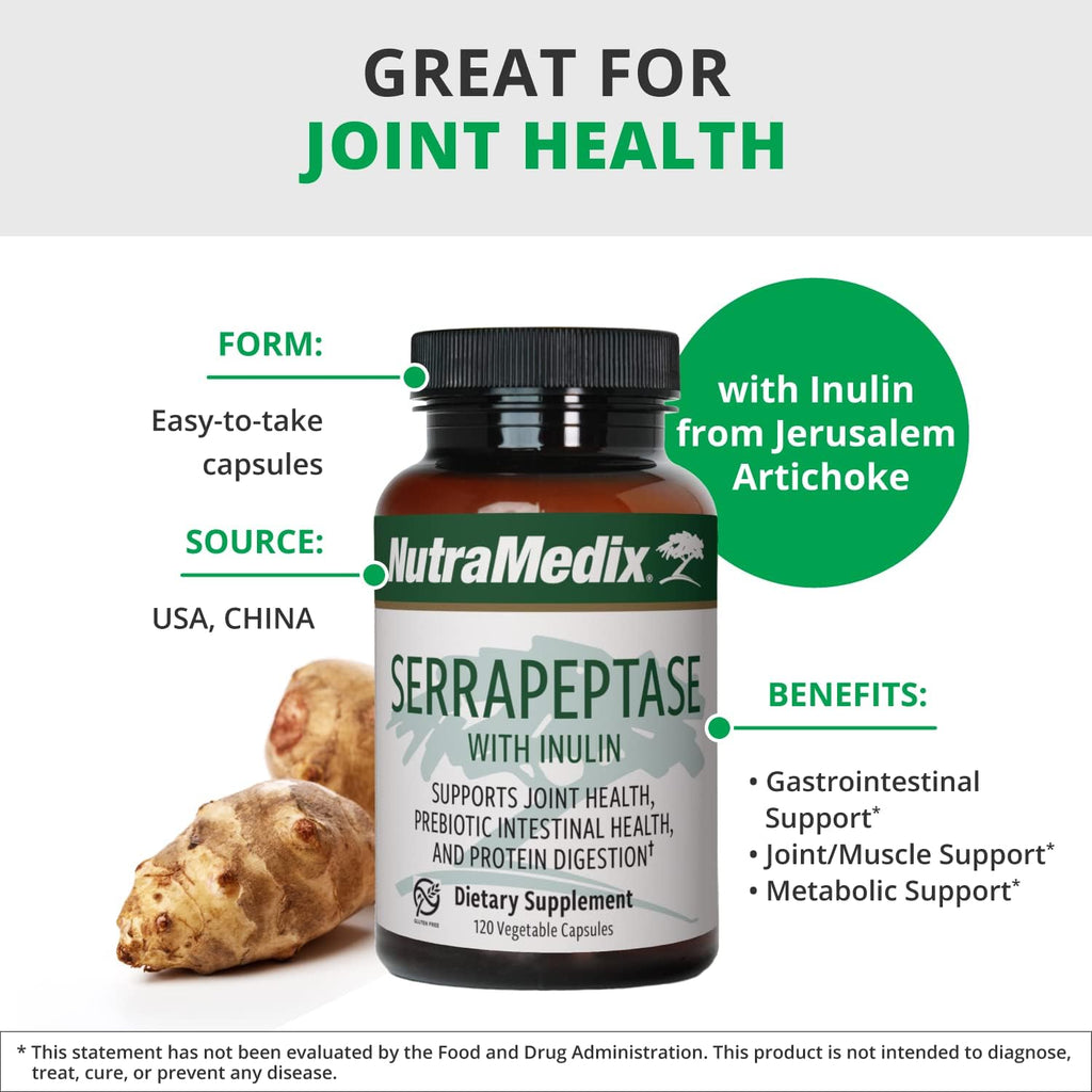NutraMedix Serrapeptase Supplement with Proteolytic Digestive Enzymes for Women & Men - Inulin Prebiotic Fiber for Gut Health & Joint Support - Dairy, Soy & Gluten-Free (120 Capsules)