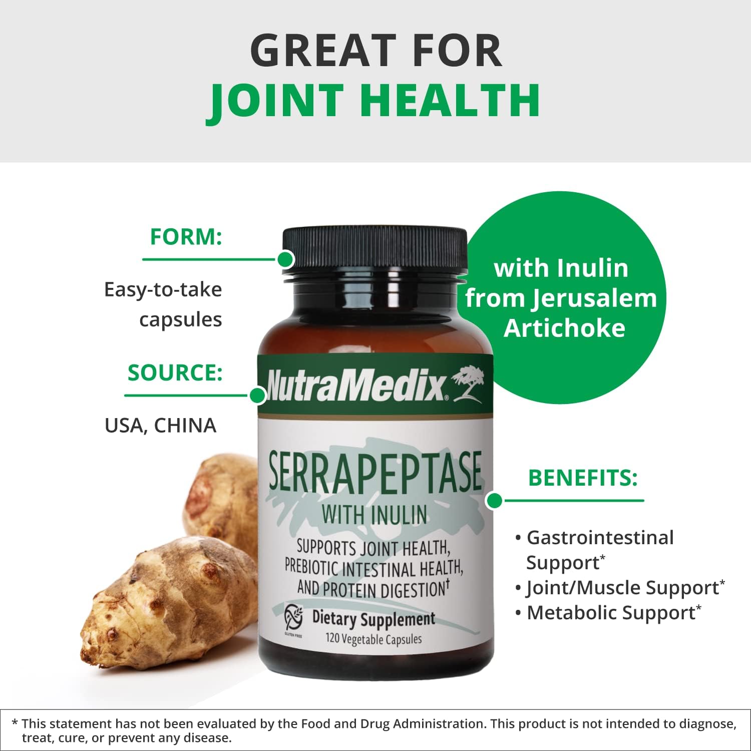 NutraMedix Serrapeptase Supplement with Proteolytic Digestive Enzymes for Women & Men - Inulin Prebiotic Fiber for Gut Health & Joint Support - Dairy, Soy & Gluten-Free (120 Capsules)