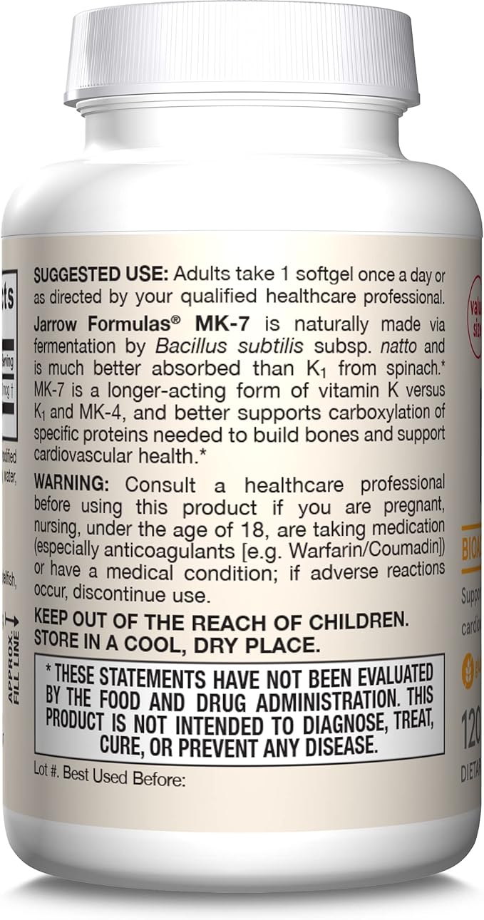 Jarrow Formulas MK-7 90 mcg - Bioactive Form of Vitamin K2-120 Servings (Softgels) - for Bone & Cardiovascular Health - Vitamin K2 MK-7 Dietary Supplement - Gluten Free