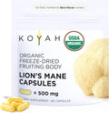 KOYAH - Organic Lion's Mane Mushroom Capsules - USA Grown, 100% Fruiting Body, Freeze-Dried, 3rd Party Tested for Beta-Glucans, 500 mg, Brain & Nerve Support. Immune Support. 60 Capsules
