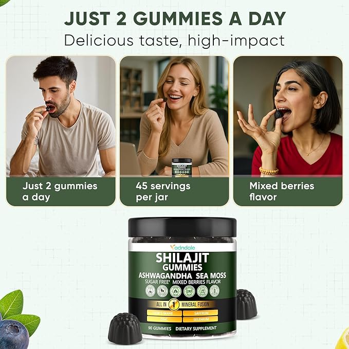 Adndale Himalayan Natural Shilajit Gummies for Men & Women, Sugar-Free Mixed Berries Flavor - with Ashwagandha, Sea Moss, Lion’s Mane & Saffron + Zinc & Selenium - 90 Gummies (45 Servings)