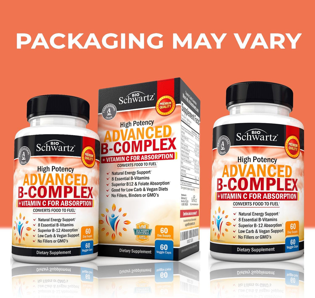 Vitamin B Complex with Vitamin C for Maximum Absorption - Methylcobalamin b12 & Folate Folic Acid Supplement - B1 B2 B3 B5 B6 B7 B9 for Immune Energy & Nervous System Support - Non-GMO, 60 count
