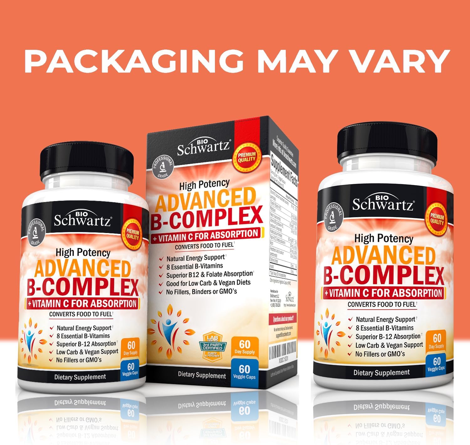 Vitamin B Complex with Vitamin C for Maximum Absorption - Methylcobalamin b12 & Folate Folic Acid Supplement - B1 B2 B3 B5 B6 B7 B9 for Immune Energy & Nervous System Support - Non-GMO, 60 count