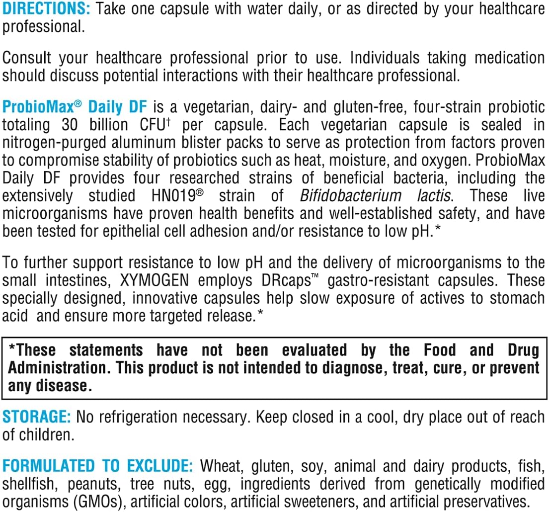XYMOGEN ProbioMax Daily 30B - Vegetarian, Dairy & Gluten Free Probiotics for Digestive Health - Women's & Men's Probiotic Nutritional Supplements - Formerly ProbioMax Daily DF (30 Capsules)