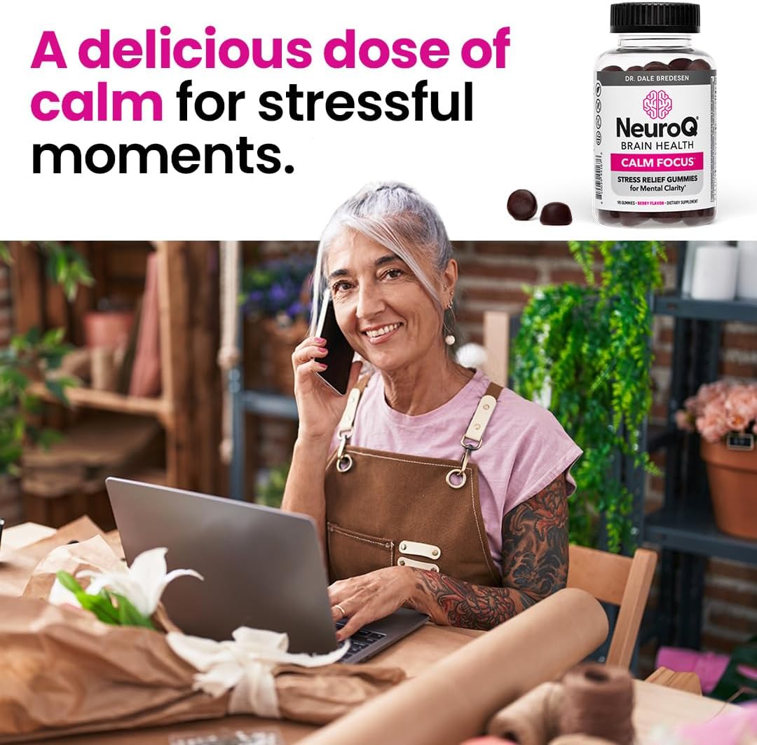NeuroQ Calm Focus Gummies - Stress Relief Supplement - Supports Mental Function & Relaxation - Sensoril Ashwagandha, Magnesium, GABA, L-Theanine, Andean Cocoa & Kava Kava - 90 Gummies