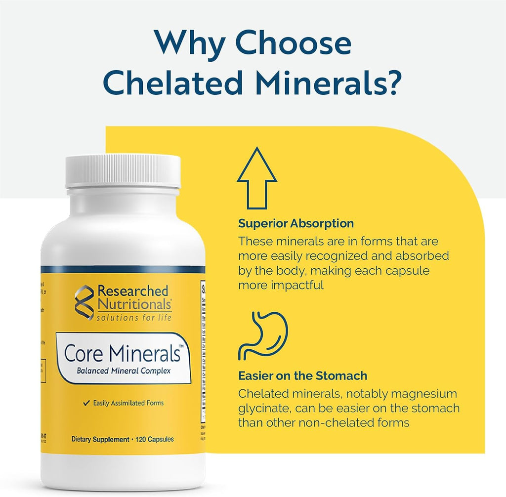 Researched Nutritionals Core Minerals - Iron-Free Multi Minerals Supplement with Vitamin D3 & Trace Minerals to Support Bone Strength, Thyroid & Brain Health (120 Capsules)