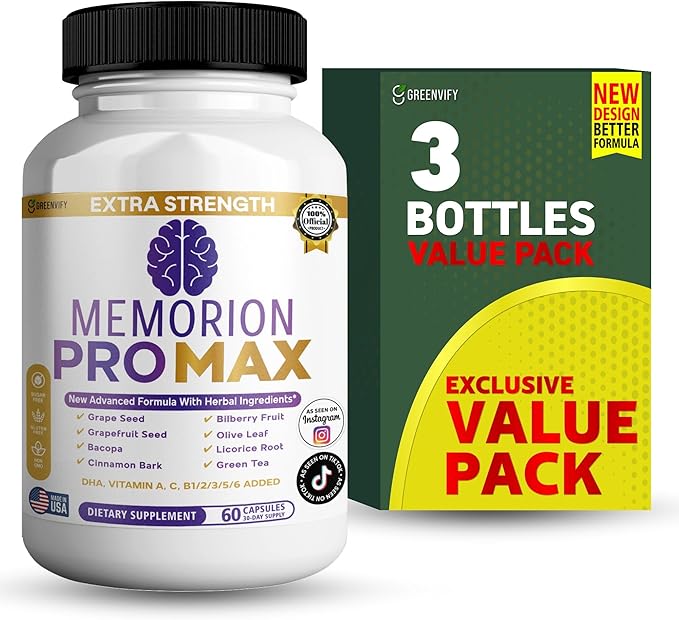 Memorion Pro Max Extra Strength Brain Support Supplement, 60 Capsules, with DHA, Vitamins, Herbal Blend, 30-Day Supply (3)