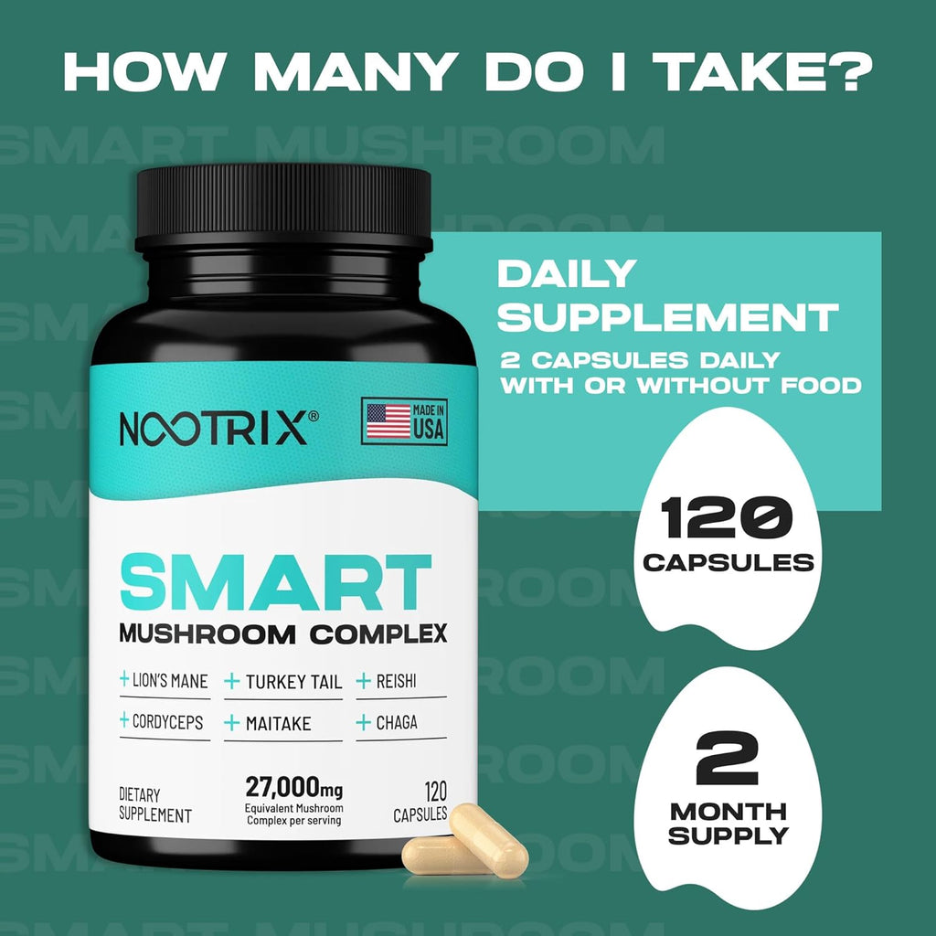Smart Mushrooms Complex Supplement | Supports Memory, Mental Focus, Cognitive Health & Energy | 27,000mg Organic Mushrooms | Lions Mane, Reishi, Cordyceps, Chaga & Turkey Tail | 120 Capsules