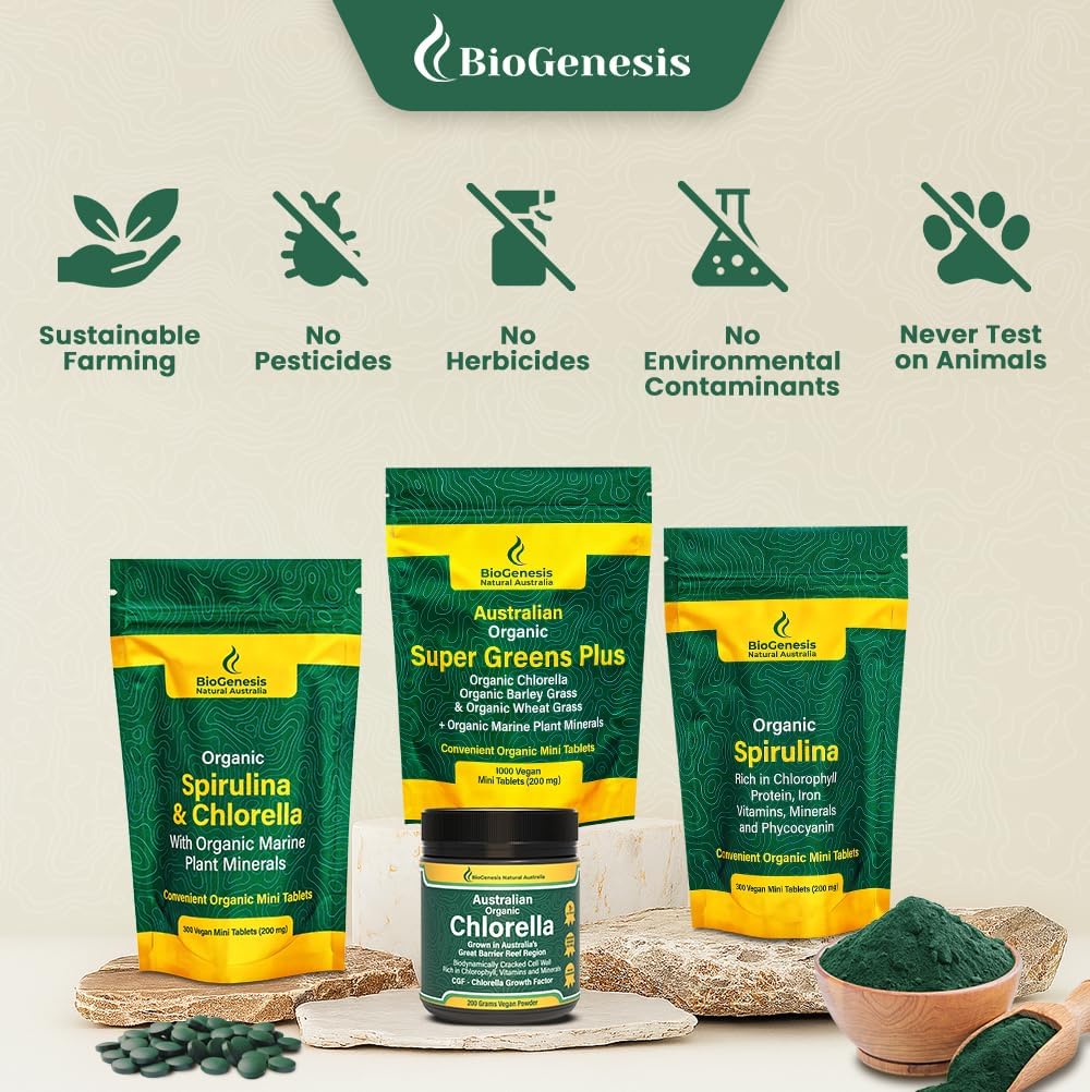 Biogenesis Organic Spirulina, Chlorella & Marine Plant Minerals – 300 Count (200 mg) | Australian Grown Algae Superfood | Support Energy & Immunity | Vegan Mini Tablets