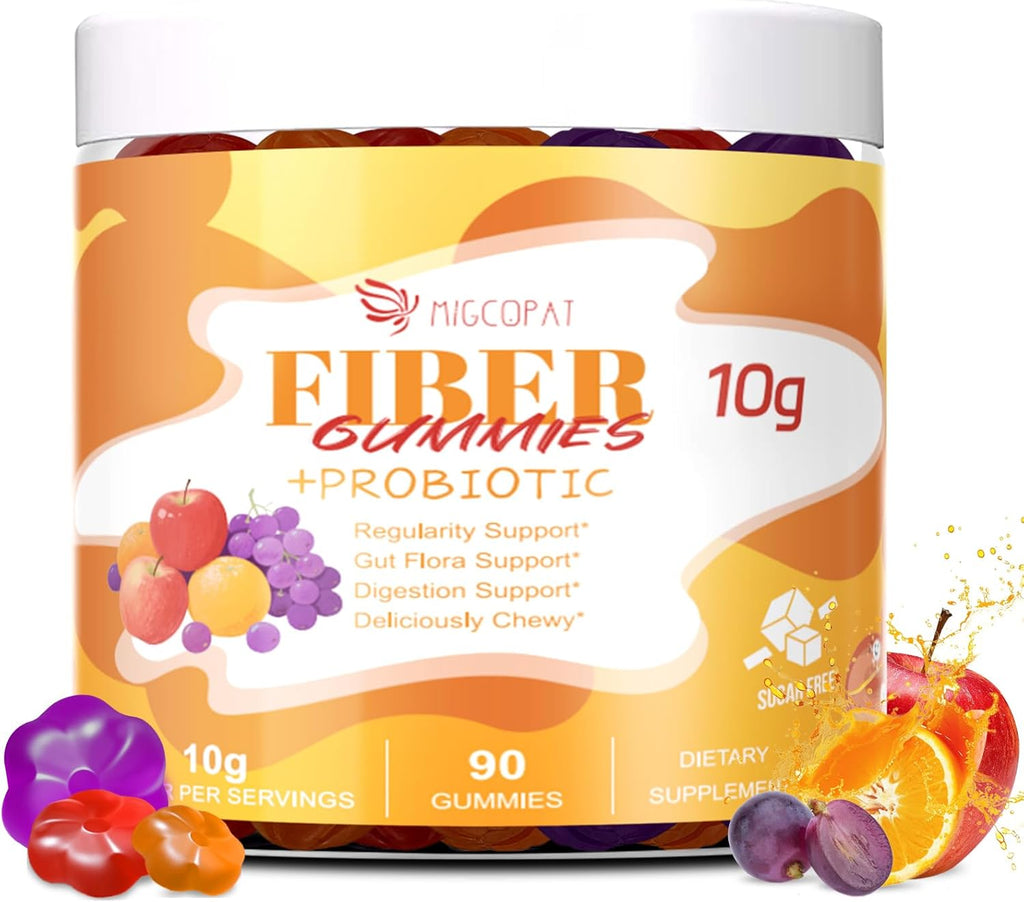 10G Fiber Gummies with Probiotics, Fiber Supplement with 30 Billion CFU Probiotics Blend, ACV, Vitamin C, Inulin - Support Digestive Health - No Sugar Added - Fruit Flavored - 90 Count