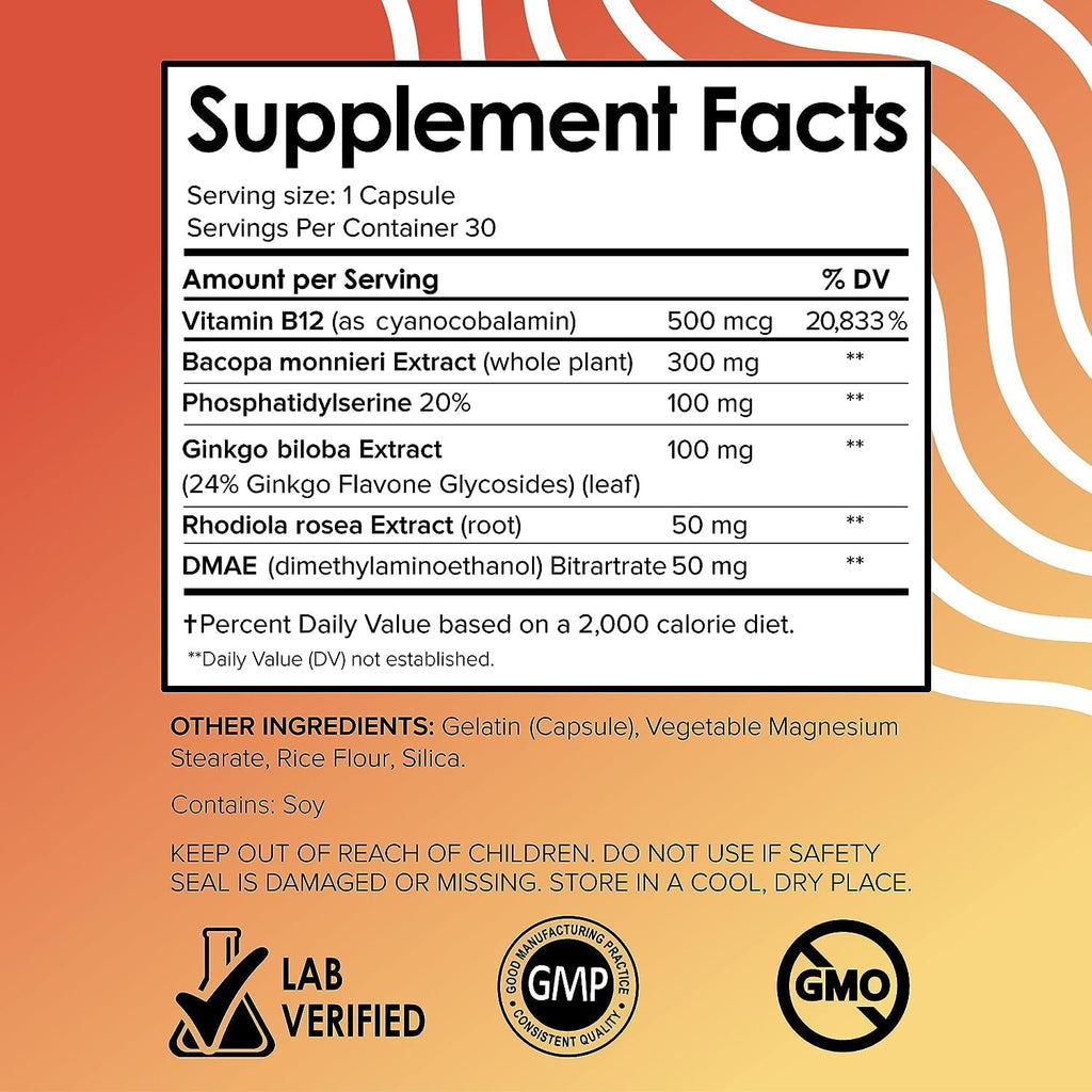 Vital Vitamins Brain Supplements for Memory and Focus (3 Pack) – Nootropic Brain Booster with Ginkgo Biloba, Rhodiola, B12 – Caffeine-Free Support for Adults & Seniors – 90-Day Supply
