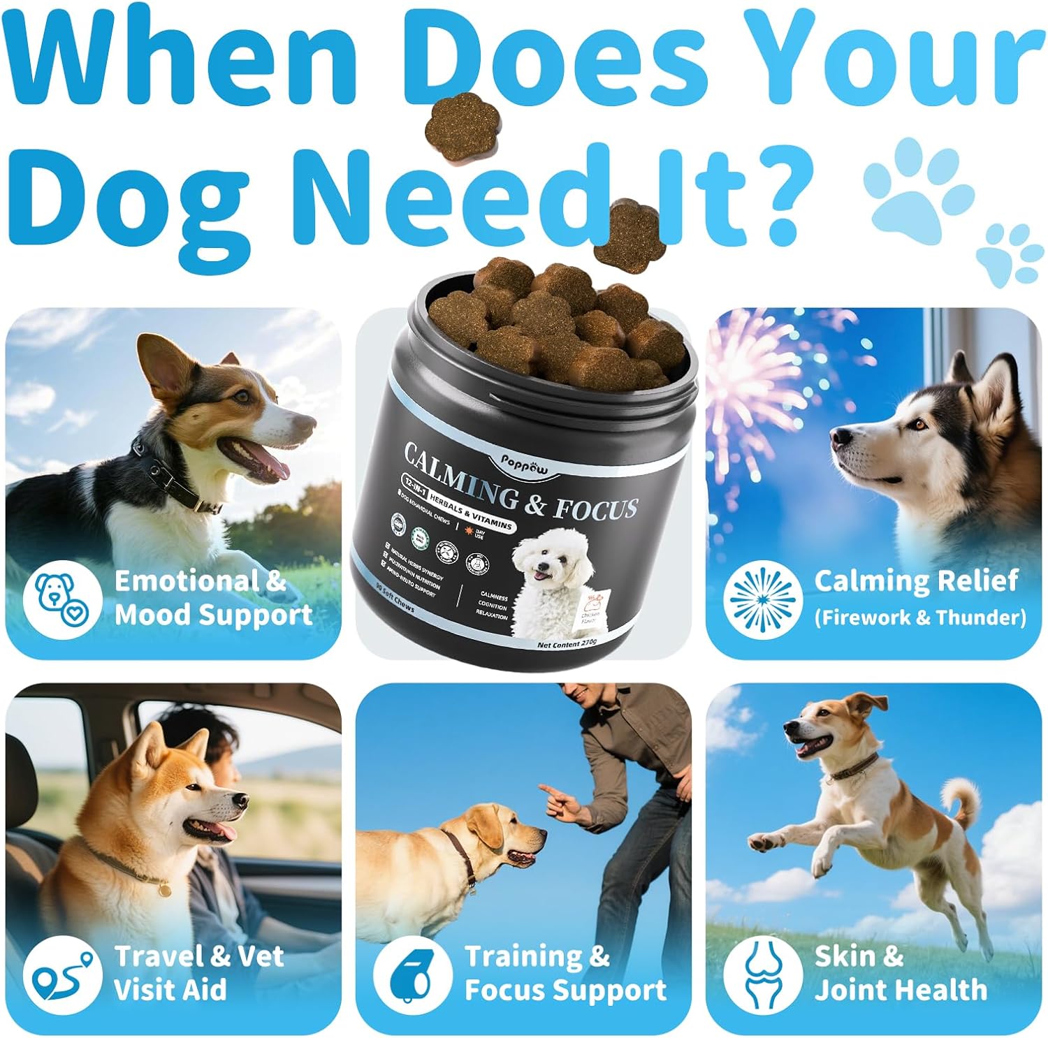 Calming Chews for Dogs – Calming Treats for Anxiety, Stress, Separation, Travel & Thunder, Non-Drowsy Alternative to Melatonin, Calm & Focus with Chamomile & Ashwagandha, Chicken Flavor, 90Ct