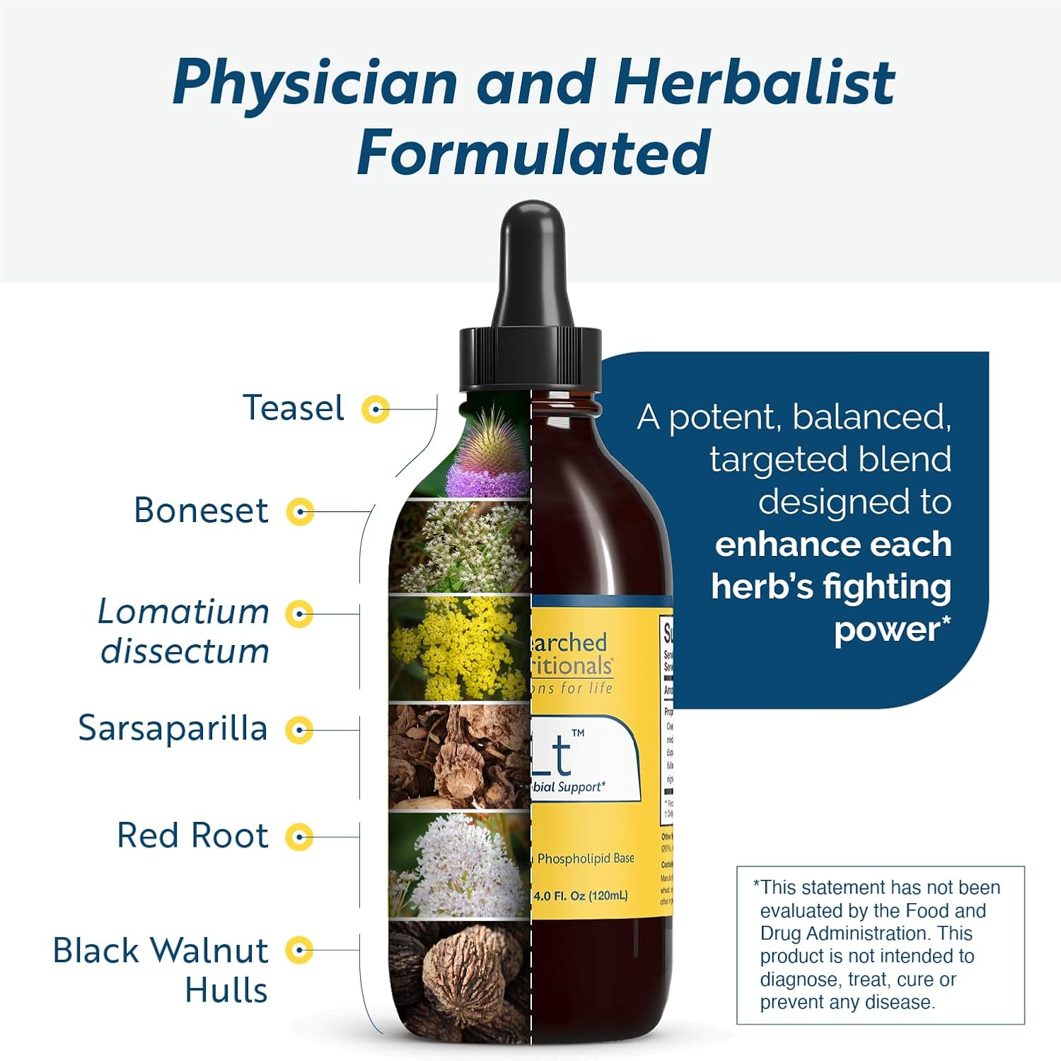 Researched Nutritionals BLT - Advanced Microbial Support - Black Walnut Hull, Boneset Herb, Sarsaparilla & Lomatium Tincture - Phospholipid Delivery Complex for Maximum Absorption (4 fl oz)